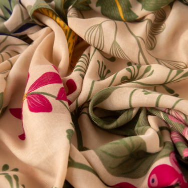 Close-up of patterned fabric with floral and leaf designs.