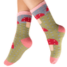 Colorful patterned socks with red and pink designs on a white background