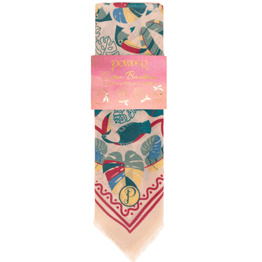 Colorful bandana with tropical designs and 'Powder' branding on a white background