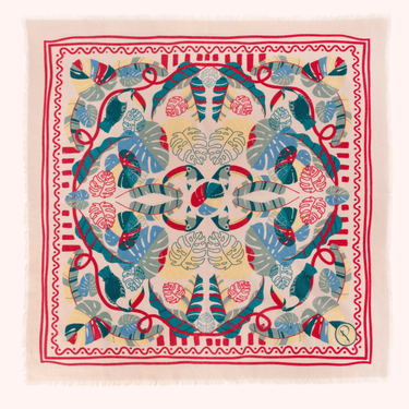 Decorative scarf with colorful geometric pattern on a beige background