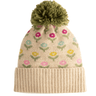 Knitted beanie with floral pattern and green pom-pom on a white background