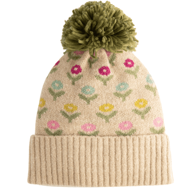 Knitted beanie with floral pattern and green pom-pom on a white background