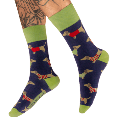 Socks with dachshund pattern on a white background