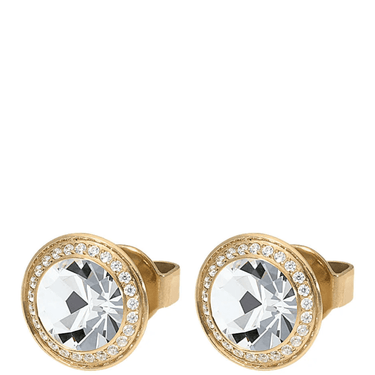 Gold rings with large clear gemstones on a white background