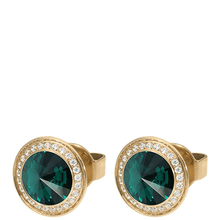 Gold-rimmed rings with green gemstones on a white background