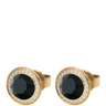 Gold earrings with black gemstones on a white background