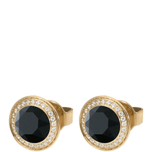 Gold earrings with black gemstones on a white background