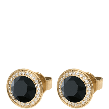 Gold earrings with black gemstones on a white background