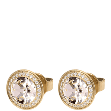 Gold-rimmed earrings with clear gemstones on a white background