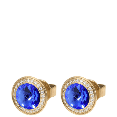 Gold earrings with blue gemstones on a white background