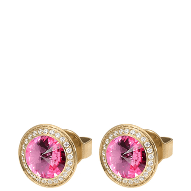 Gold earrings with pink gemstones on a white background