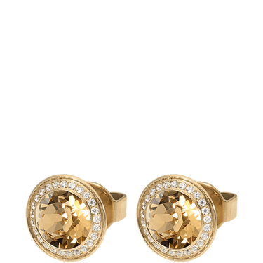 Gold earrings with large gemstones on a white background