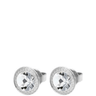 Pair of silver earrings with clear gemstones on a white background