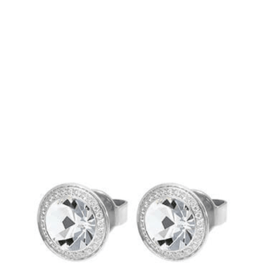 Pair of silver earrings with clear gemstones on a white background