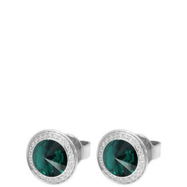Silver cufflinks with green gemstones on a white background