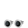 Pair of silver earrings with black gemstones on a white background