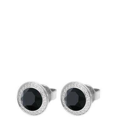 Pair of silver earrings with black gemstones on a white background