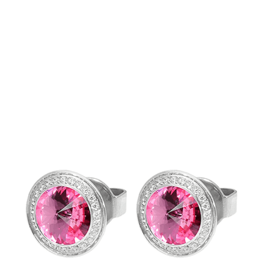 Pair of earrings with pink gemstones and silver metalwork on a white background