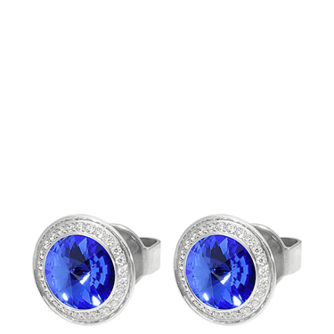 Pair of silver earrings with blue gemstones on a white background