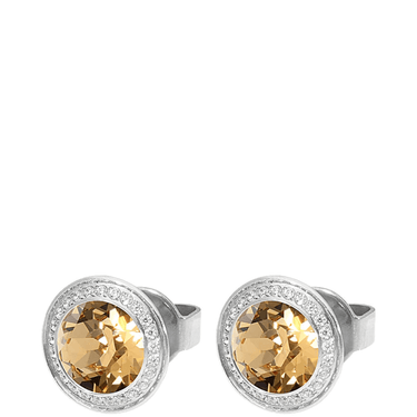 Pair of silver earrings with yellow gemstones on a white background