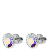 A pair of silver stud earrings with round faceted iridescent crystals that shift colors, set in a silver bezel with a post and backing visible, on a plain white background.