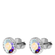 A pair of silver stud earrings with round faceted iridescent crystals that shift colors, set in a silver bezel with a post and backing visible, on a plain white background.