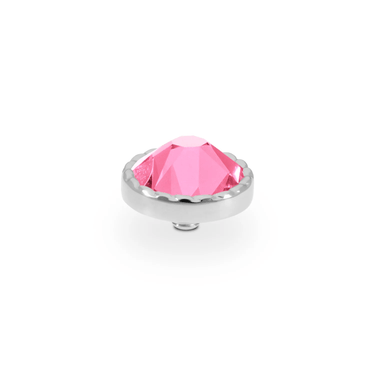 Pink gemstone in a silver setting on a white background