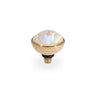 A QUDO brand decorative light bulb with a faceted iridescent crystal dome on a gold-finished base, featuring a gold screw contact point and a black insulating collar, shown on a plain white background.