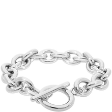 Silver chain bracelet with a clasp on a white background