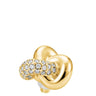A gold knot ring topper featuring a pavé-set cluster of clear round diamonds on one of its loops, photographed on a solid white background.