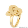 A polished yellow gold ring featuring a stylized interlocking knot design on the top and a smooth band with the brand name 'quatrefoil' engraved in blue, shown against a plain white background.