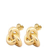 A pair of gold-toned knot stud earrings with a polished finish and butterfly backings, shown on a plain white background.