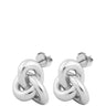 A pair of polished silver knot stud earrings with a classic post and backing, shown against a solid white background.
