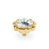 A gold-plated jewelry finding featuring a large, clear, faceted marquise-cut gemstone in a scalloped setting with a threaded bottom for mounting, shown on a plain white background.