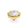 A gold-plated spiral screw connector with a scalloped, flower-like bezel holding a faceted iridescent cabochon gemstone, shown on a clean white background.