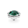 A silver-toned flower-shaped ring setting with a faceted green gemstone, shown on a clean white background.