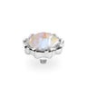 A silver-toned flower-shaped jewelry finding with a faceted iridescent cabochon gemstone, shown on a clean white background.