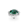 A silver-toned metal snap button featuring a faceted green gemstone in a flower-like setting, shown on a plain white background.