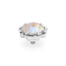 A silver-toned flower-shaped ring setting with a faceted, iridescent pastel gemstone in the center, shown on a plain white background.