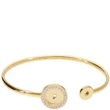 Gold bracelet with a circular charm on a white background