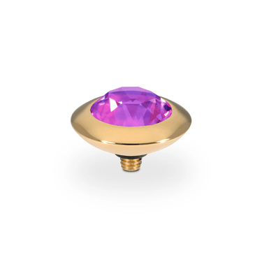 Decorative object with purple gem and gold base on a white background