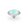 Light green gemstone in a silver setting on a white background