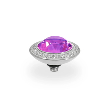 Jewelry charm with purple gem and silver border on a white background