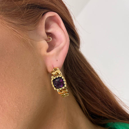 Rebecca Cocktail Gold Chunky Boxy Hoop Earrings - Purple