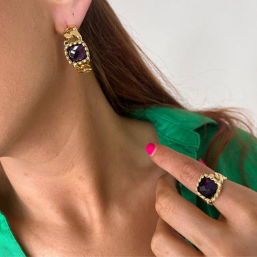 Rebecca Cockatail Gold Chunky Boxy Ring - Purple