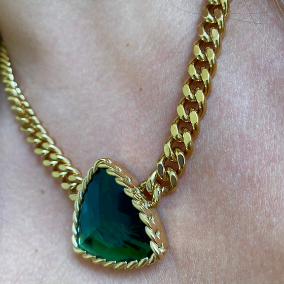 Rebecca Cocktail Gold Chunky Curb Chain Necklace - Emerald Green