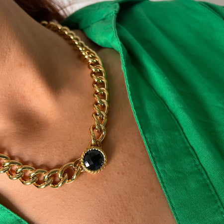 Rebecca Cocktail Gold Curb Chain Circular Necklace - Dark Blue