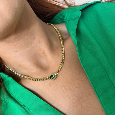 Rebecca Cocktail Gold Curb Chain Oval Necklace - Emerald Green