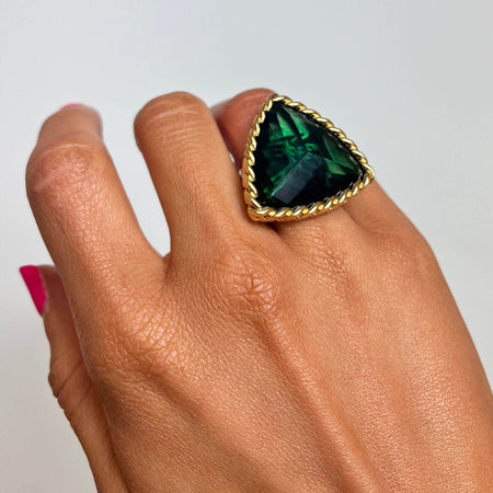 Rebecca Cocktail Gold Large Triangle Ring - Emerald Green