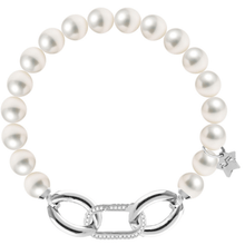 Pearl bracelet with silver clasp and star charm on a white background